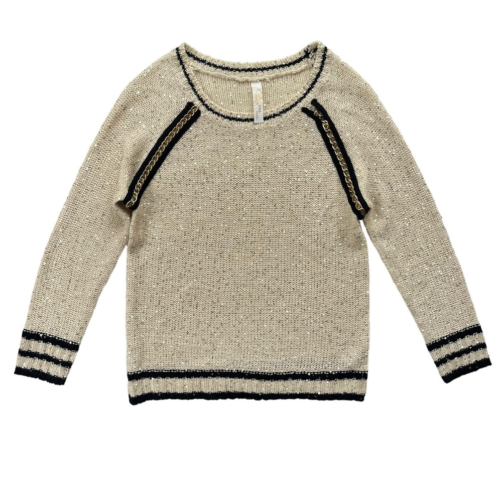 Tini Lili Womens S/M Beige Black Gold Chain Accent Sequin Knit Sweater Party Y2K